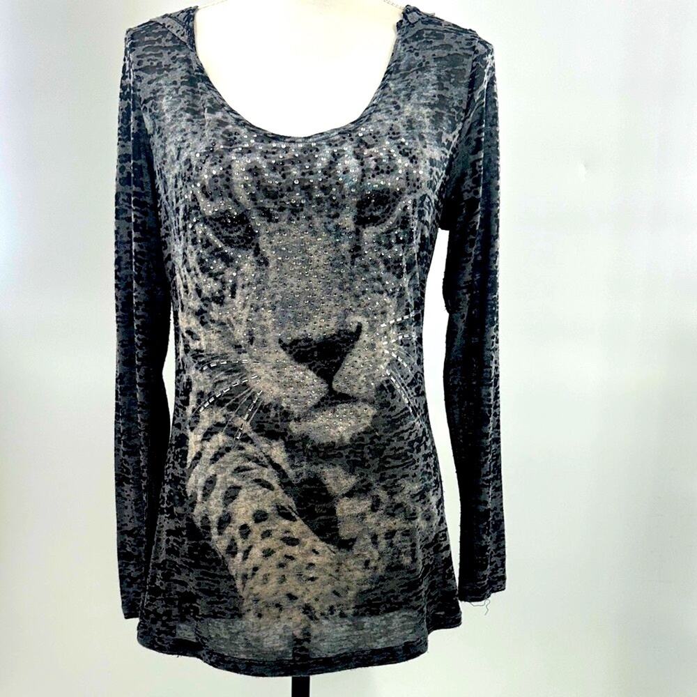 Elegant Black Leopard Print Long Sleeve Hooded Thin top XL Shiny Rhinestones